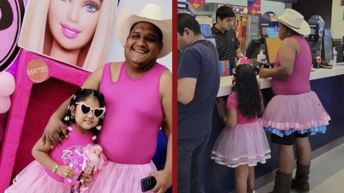 Hombre se viste de rosa y con tutú para llevar a su hija a ver Barbie