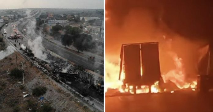 Explota pipa tras carambola e incendia docena de automóviles
