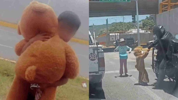 Niño recibió oso de peluche gigante y lo usó como botarga para trabajar en un semáforo