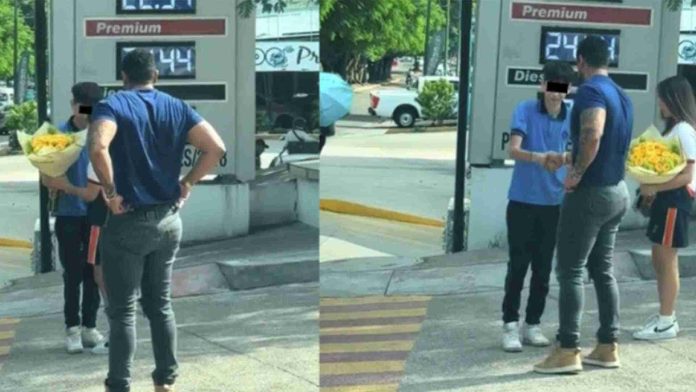 Padre celoso acompaña a su hija a recibir flores de un pretendiente