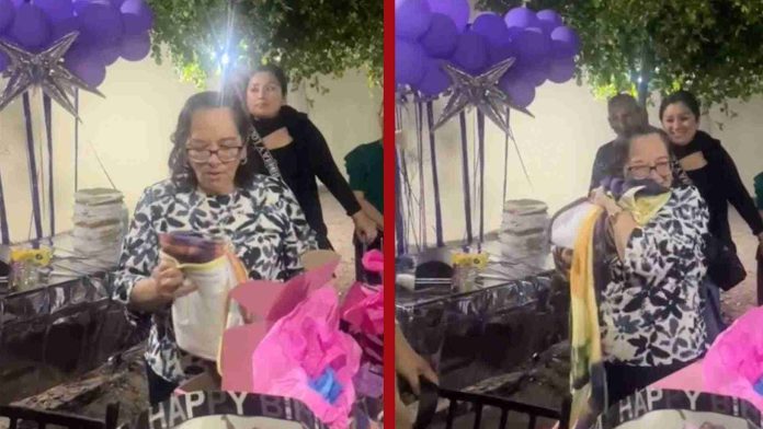 Abuelita se emociona al recibir una cobija con la imagen de Julión Álvarez