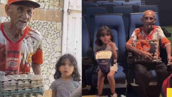 Abuelito y su nieta de escasos recursos conmueven en redes tras ir al cine por primera vez