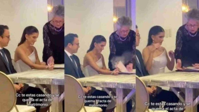Mujer firma su acta de matrimonio y la hoja se incendia
