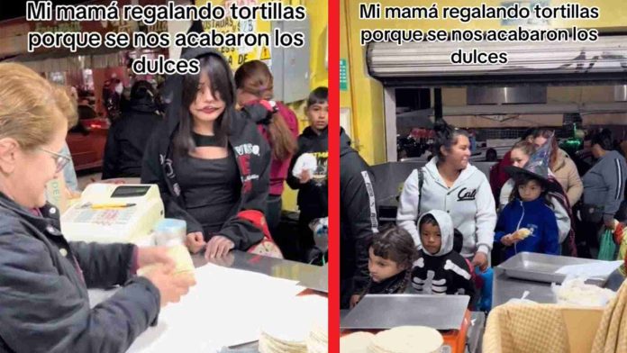 Mujer repartió tortillas como calavera porque se le terminaron los dulces