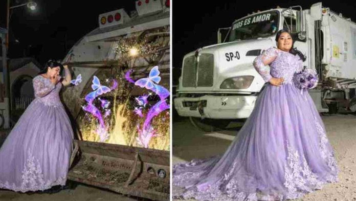 Quinceañera se toma fotos en camión de la basura para honrar el trabajo de su papá