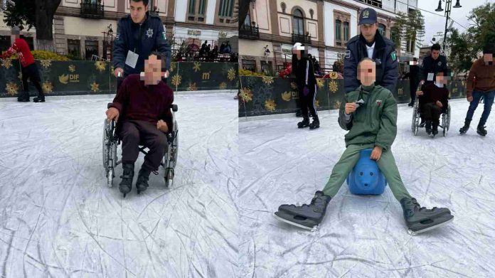 Policía Morelia brinda apoyo a personas con discapacidad en pista de hielo