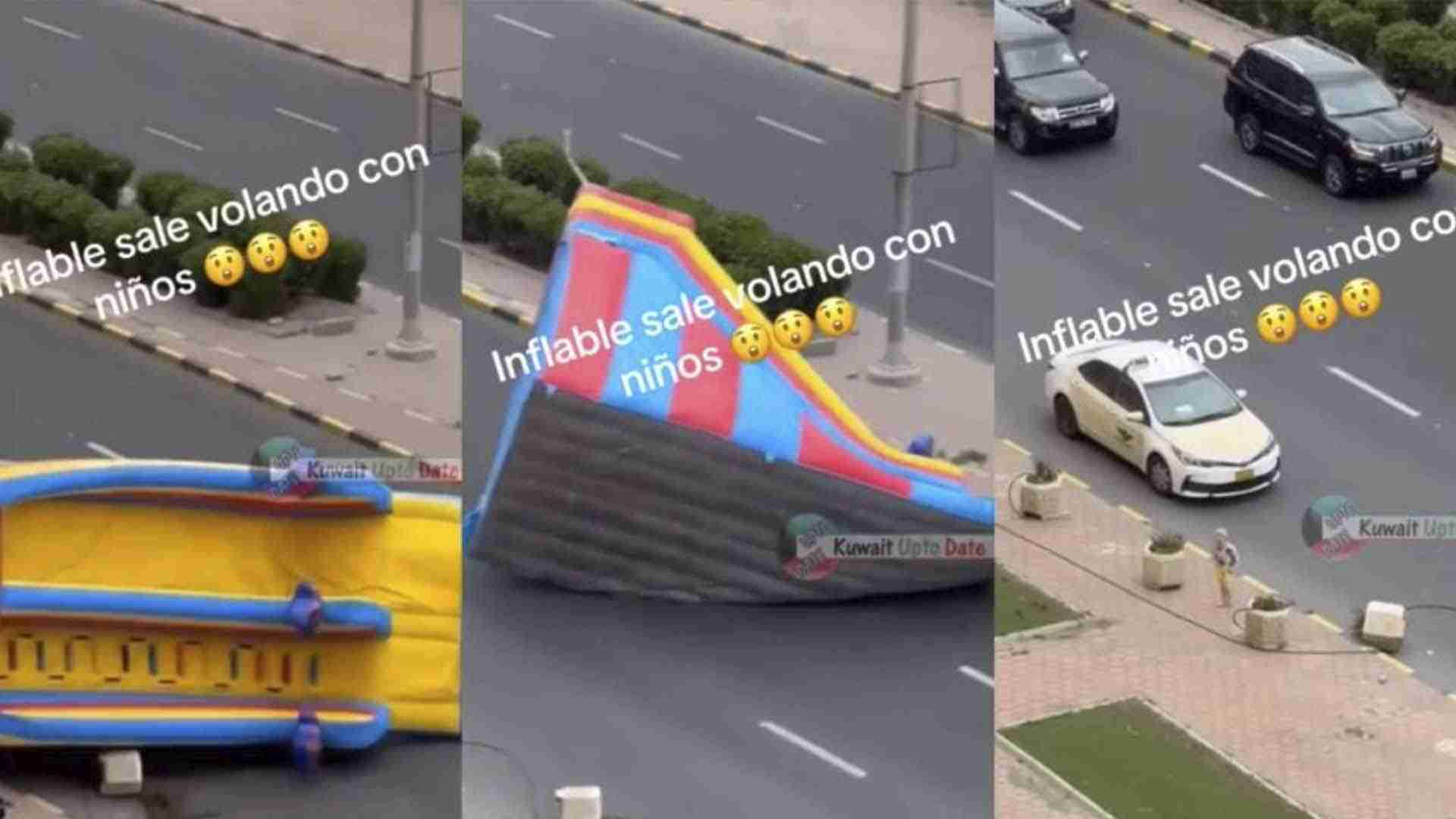 Inflable sale volando hacia una carretera ¡con todo y niños!