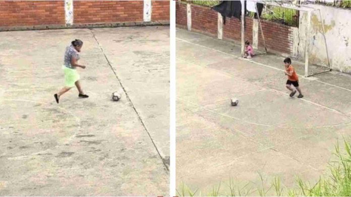 Abuelita se vuelve viral por jugar fútbol con su nieto