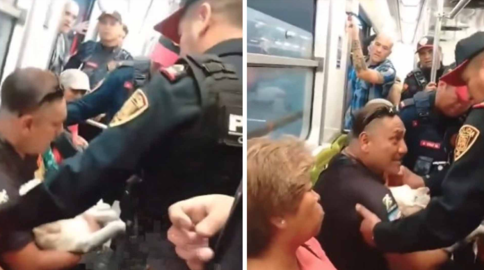 Policías sacan ‘arrastrando’ a hombre con perrito herido del metro 