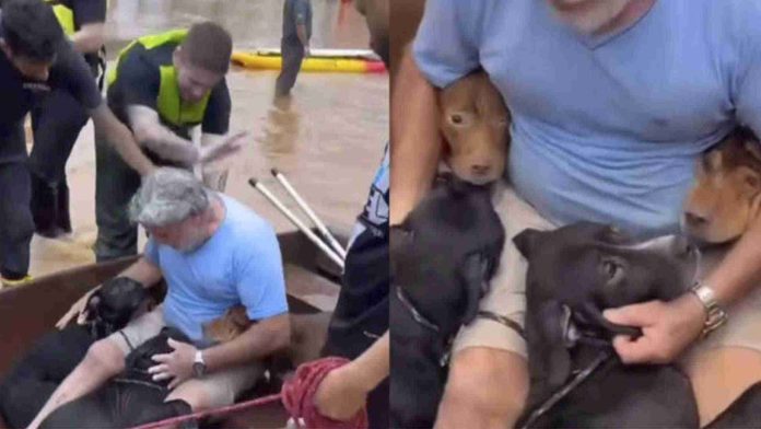 Hombre arriesga su vida para salvar a sus perritos tras inundaciones en Brasil