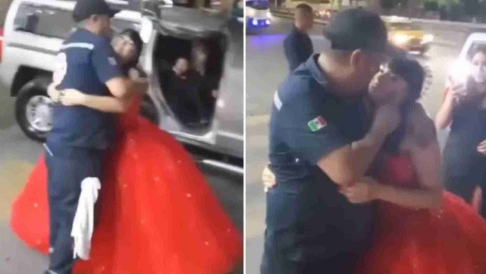 Quinceañera llega de sorpresa al trabajo de su papá que no pudo ir a su fiesta