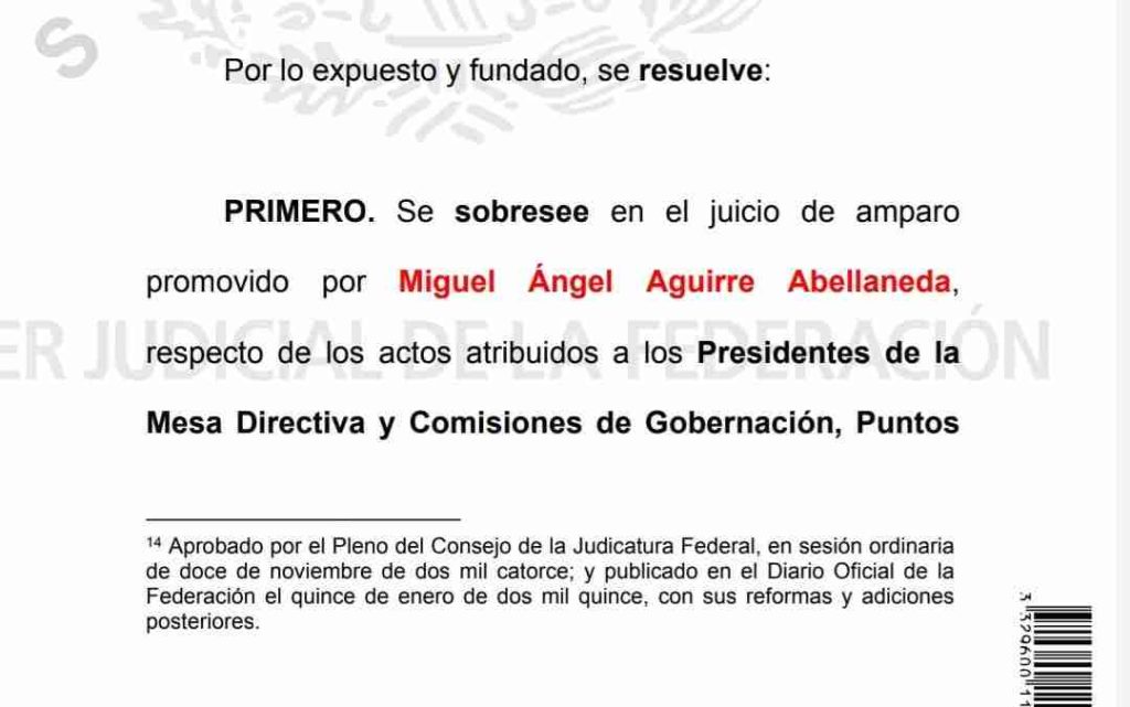 El Juzgado Cuarto de Distrito rechazó los argumentos en el juicio de amparo 841/2023 promovido por el axauditor Miguel Ángel Aguirre Abellaneda de filiación silvanista, en contra de actos del Congreso de Estado por medio de los cuales fue destituido del cargo e inhabilitado por 10 años.