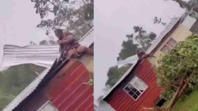 Mujer se aferra a techo de su casa para que huracán Beryl no se lo lleve