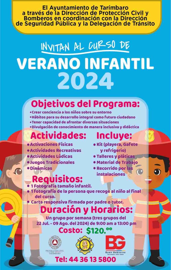 Protección Civil y Bomberos coordinados con Seguridad Pública municipal impartirán el Curso de Verano a niñas y niños de 5 a 14 años.