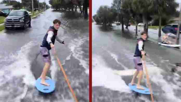 Captan a jóvenes surfeando en calles de Florida tras paso de huracán Milton