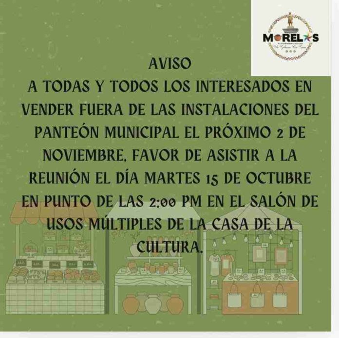 Convocan a vendedores para celebraciones del Día de Muertos en Villa Morelos