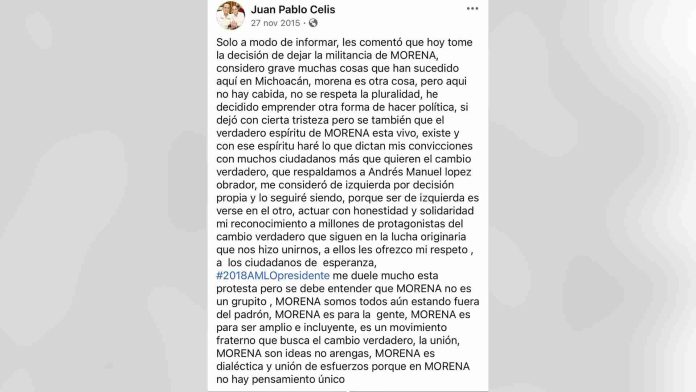 En el 2015 Juan Pablo Celis renunció a Morena para irse al Gobierno de Silvano Aureoles