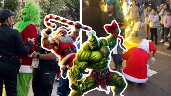 #Video: PELA DE ICONOS; Santa Claus y el Grinch disputan propinas de la gente
