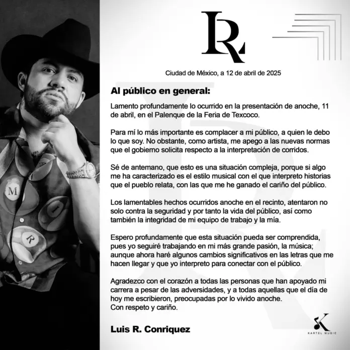Luis R. Conriquez se pronuncia por disturbios en la Feria de Texcoco tras presentación