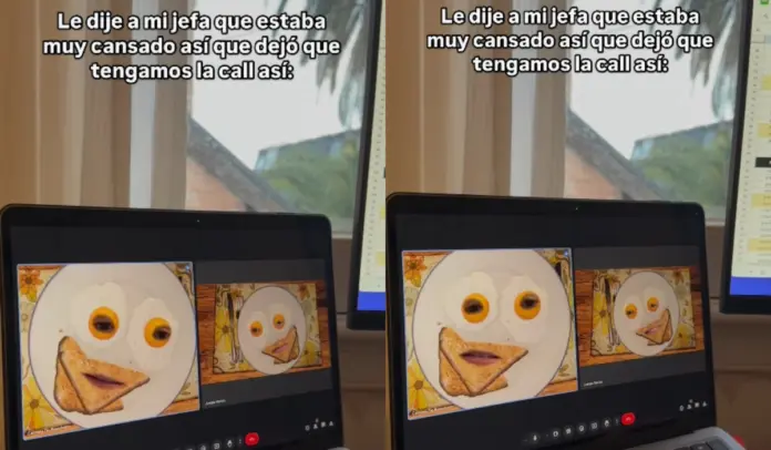 #Video: Jefa realiza la reunión virtual con filtro de huevos estrellados y pan