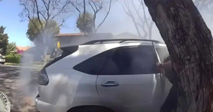 #Video: Un hombre y agentes policiales lograron rescatar a un hombre de su coche en llamas