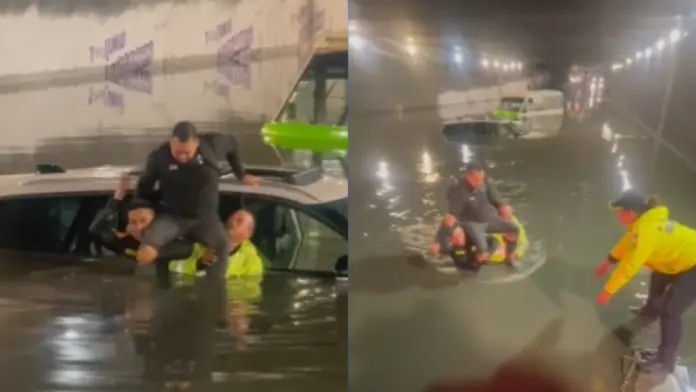 #Video: Policías realizan operativo para rescatar a conductores y vehículos atrapados tras las inundaciones en CDMX