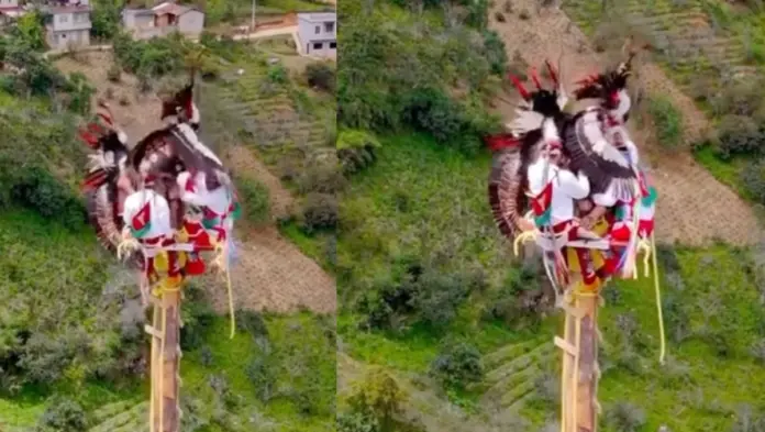 #Video: Salvan a volador de Papantla de caer de 20 metros de altura en Puebla