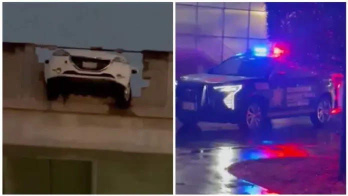 #Video: Carro queda colgado luego de chocar en estacionamiento de Naucalpan