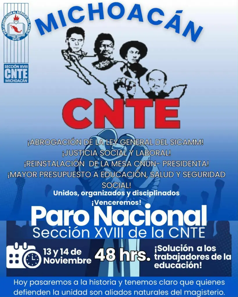 Anuncia CNTE paro de 48 horas este jueves y viernes en Morelia