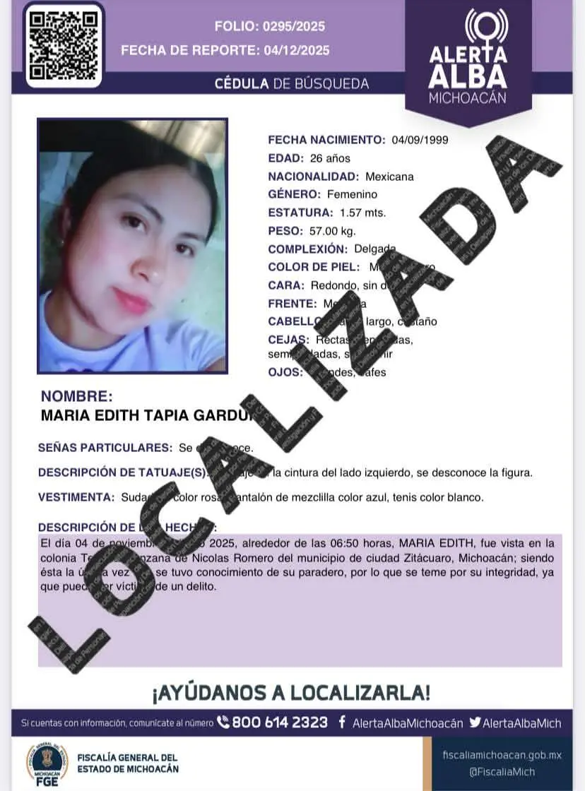 Concluye búsqueda de mujer reportada desaparecida; fue localizada a salvo en Zitácuaro Concluye búsqueda de mujer reportada desaparecida; fue localizada a salvo en Zitácuaro