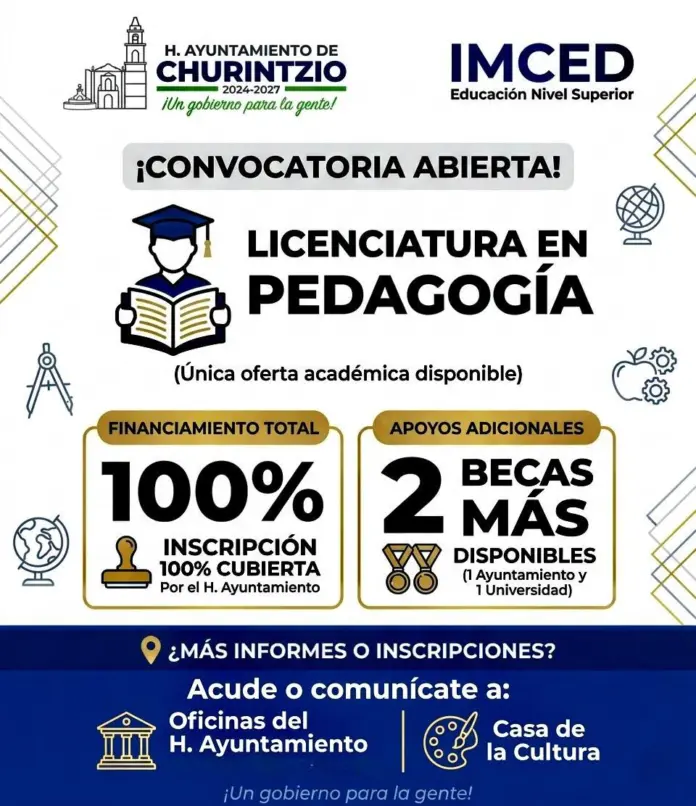 H. AYUNTAMIENTO DE CHURINTZIO ABRE CONVOCATORIA PARA LA SEGUNDA GENERACIÓN DE LA LICENCIATURA EN PEDAGOGÍA